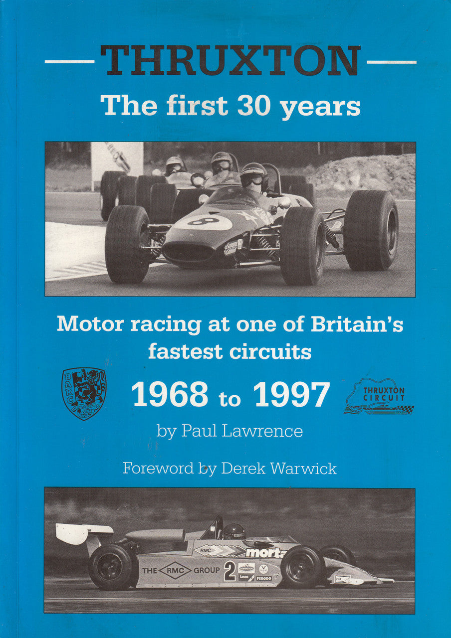 Book front cover with Thruxton title, race car photos, 1968–1997, by Paul Lawrence