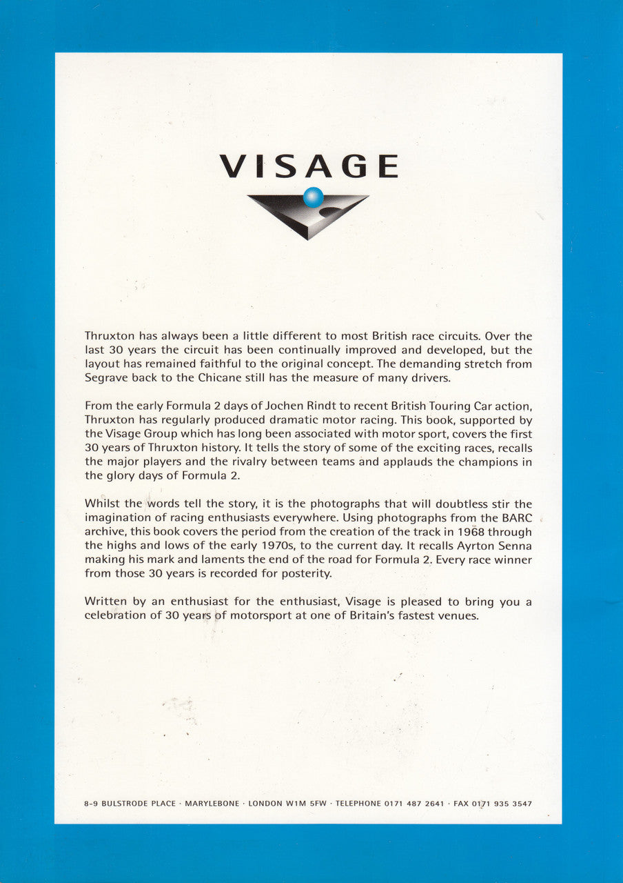 Book back cover with VISAGE logo and small paragraph text on a white page