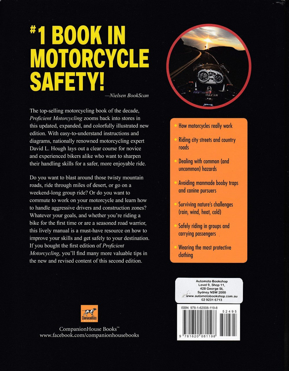 Motorcycle safety guide book, with tips panel and barcode on back cover