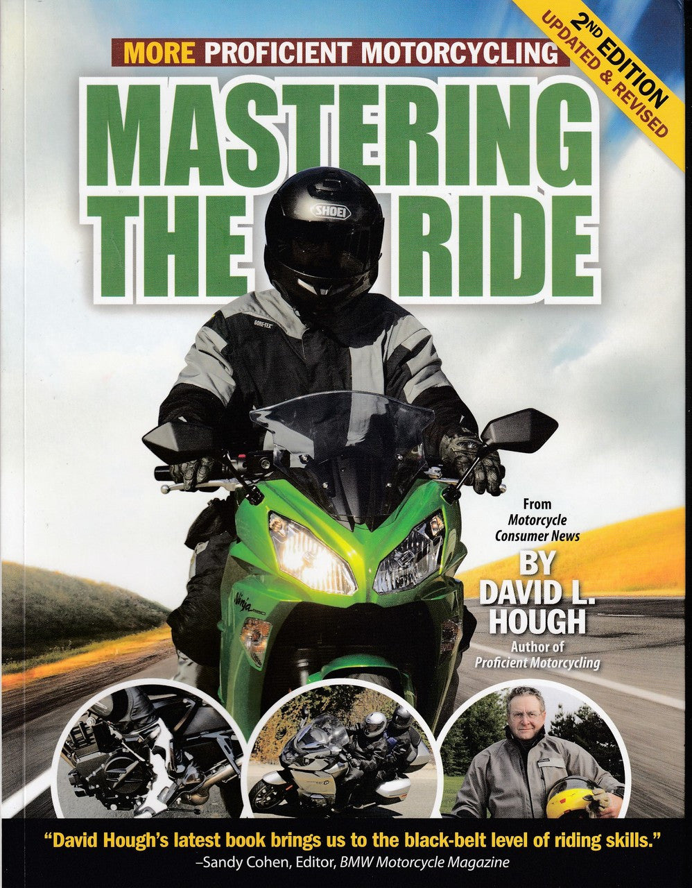 Motorcycling proficiency book cover with green sport bike and rider wearing helmet