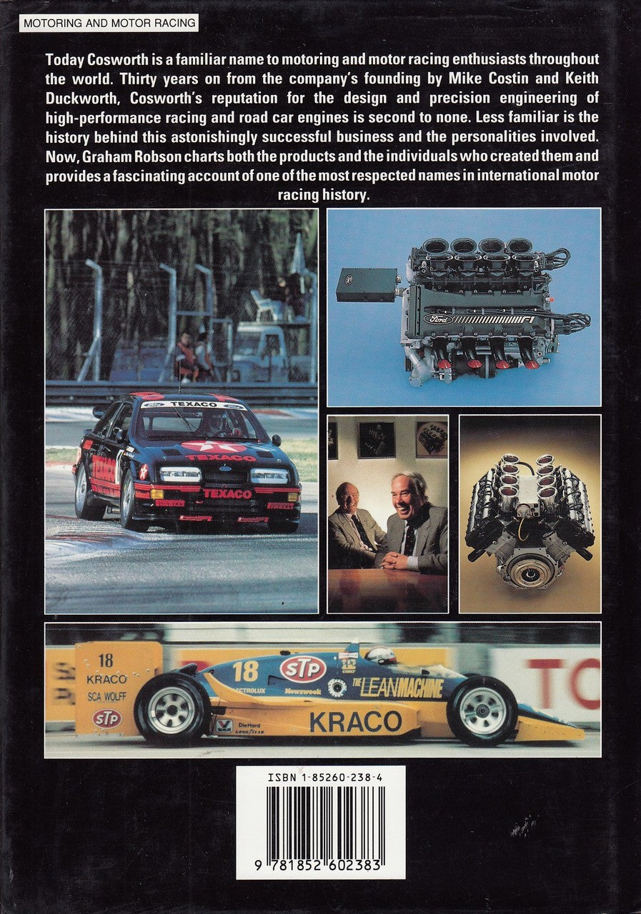 Cosworth The Search for Power book back cover, engine photo and race car collage.