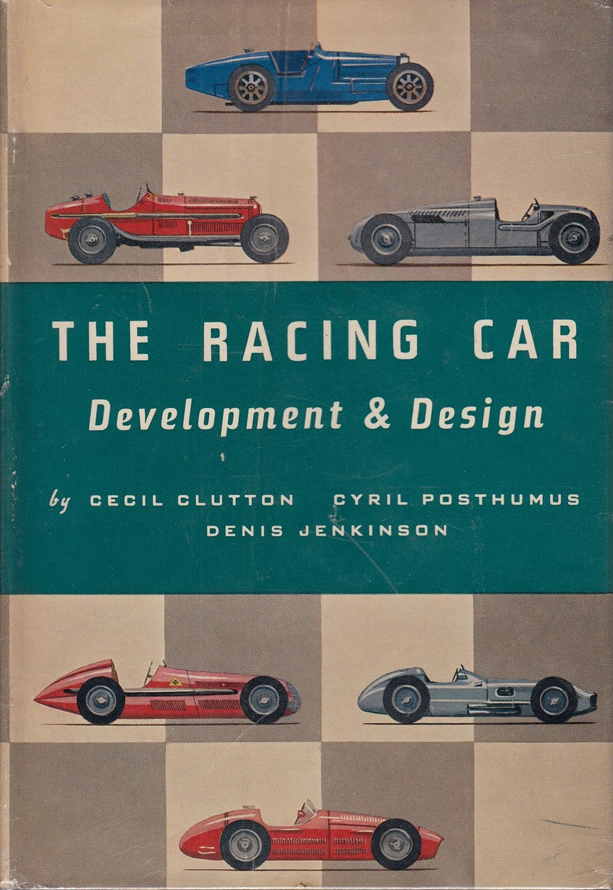 Hardcover racing car design book with teal cover and four car illustrations