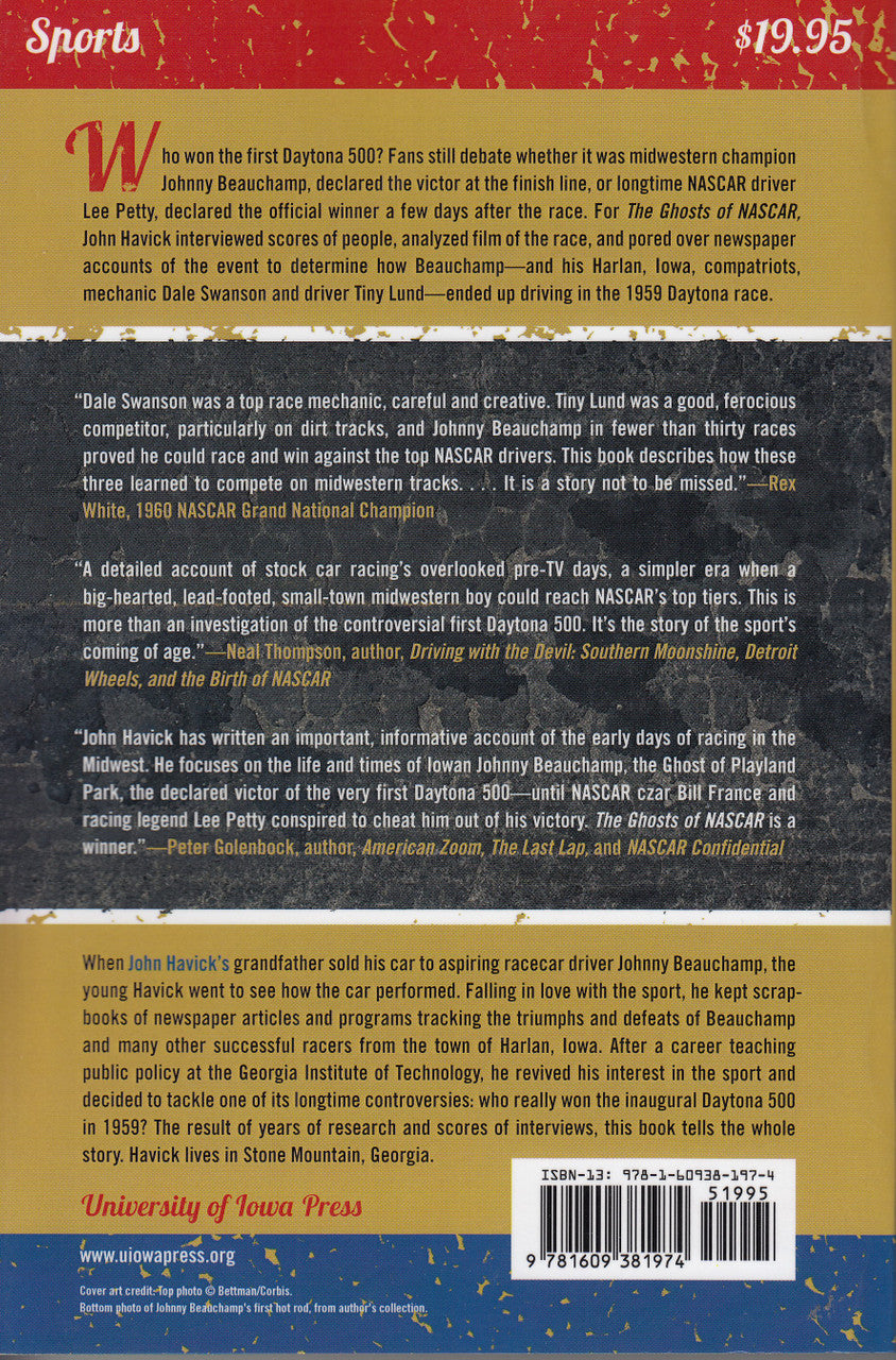 NASCAR history book back cover with Sports text, barcode, and University of Iowa Press
