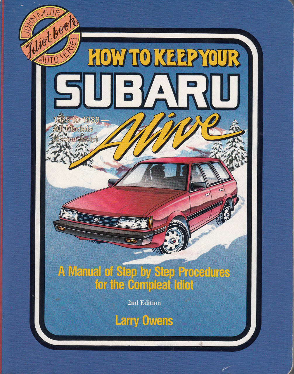 Automotive maintenance manual book with red Subaru car and large Subaru Alive title