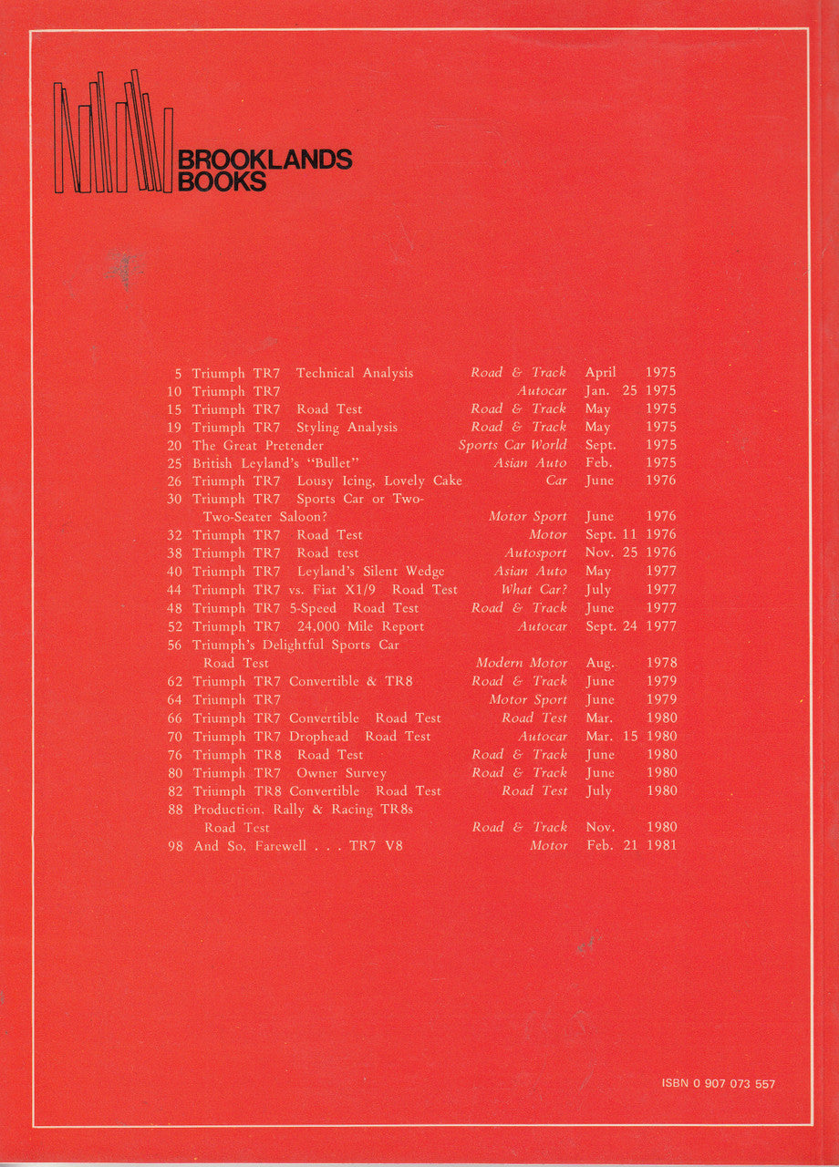 Triumph TR7 & TR8 road tests book back cover with road-test list and dates