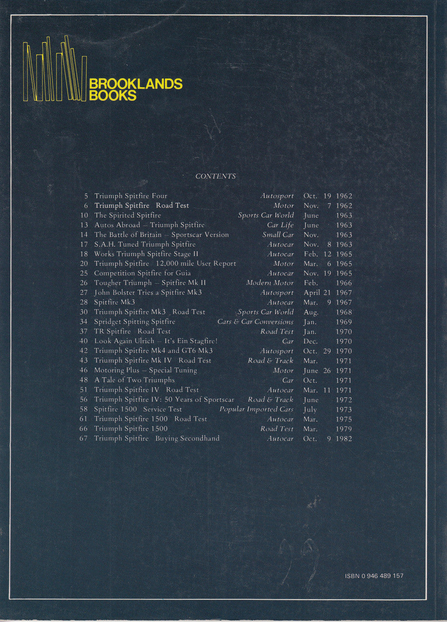 Triumph Spitfire road tests book back cover with contents table