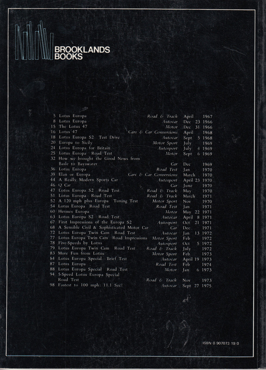 Lotus Europa road tests book back cover with contents list