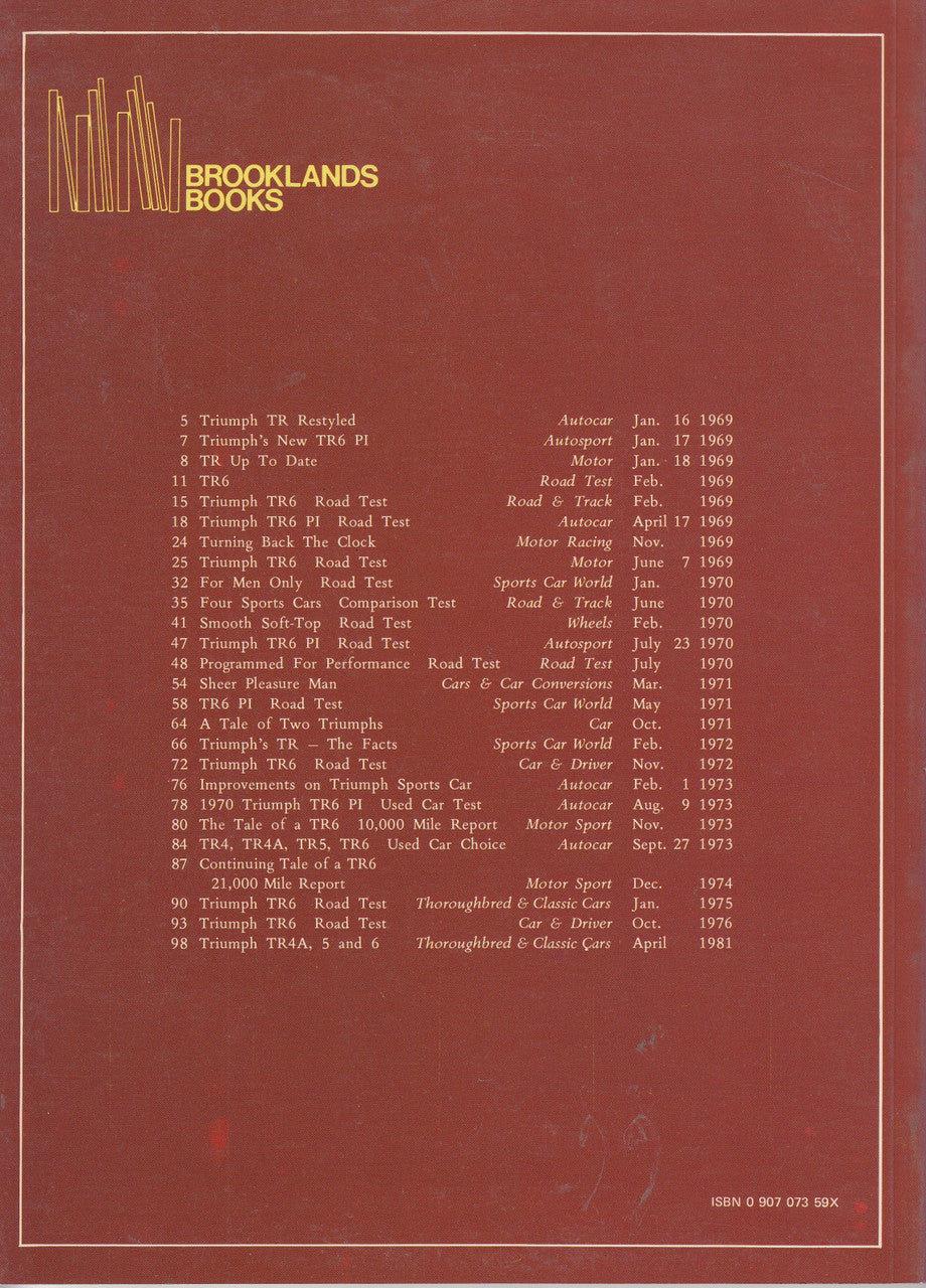 Triumph TR6 1969-1976 road test book back cover with table of contents text