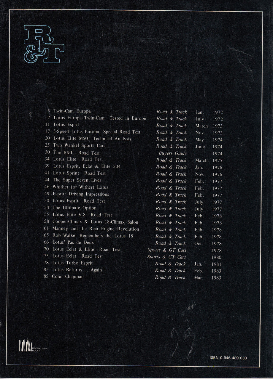 Automotive book back cover with Road & Track list of Lotus road tests, small print
