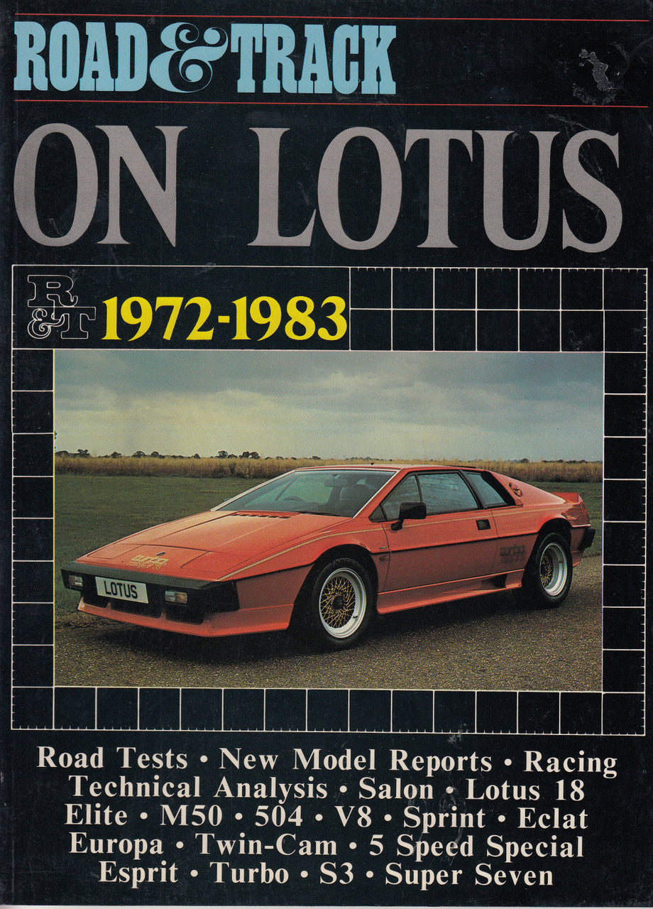 Automotive book cover with Road & Track on Lotus 1972-1983, orange sports car
