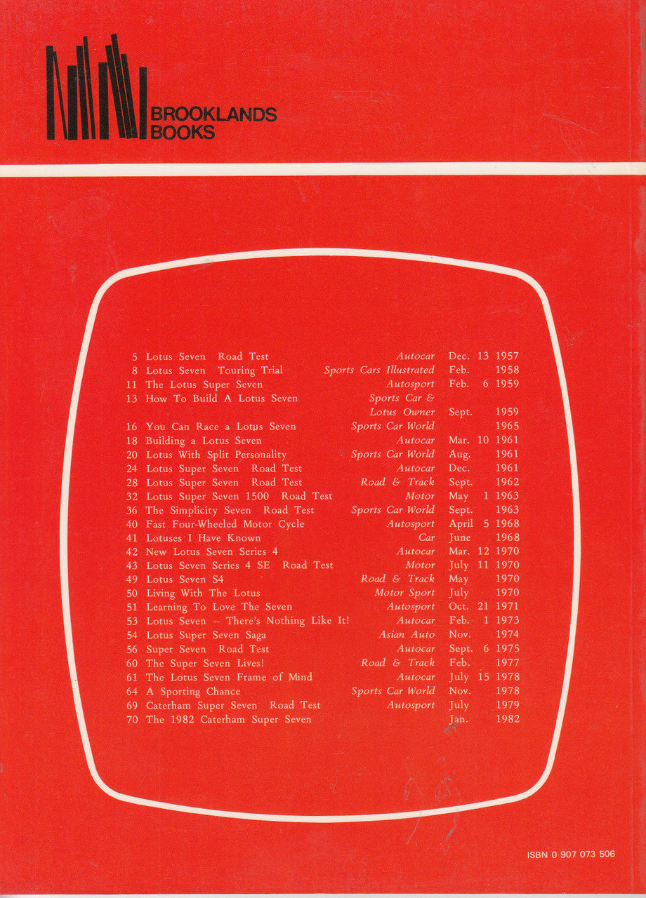 Lotus Seven road tests book cover, red with white table listing test dates.