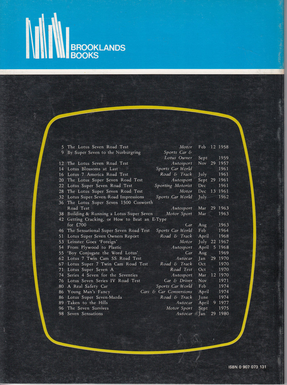 Lotus Seven 1957-1980 road tests book back cover with list-style text