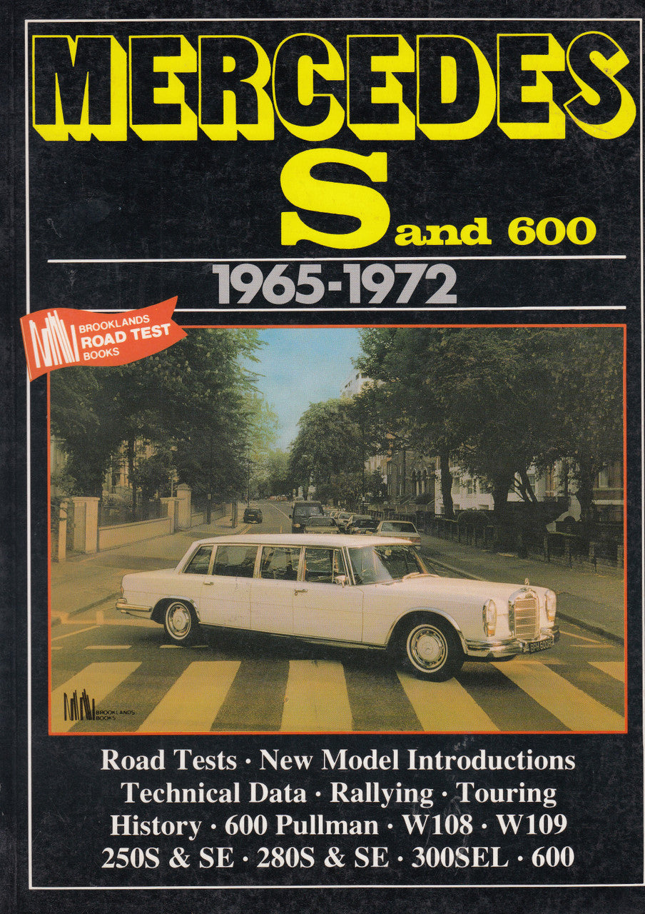 Automotive road test book cover with white classic Mercedes sedan and 1965–1972 text