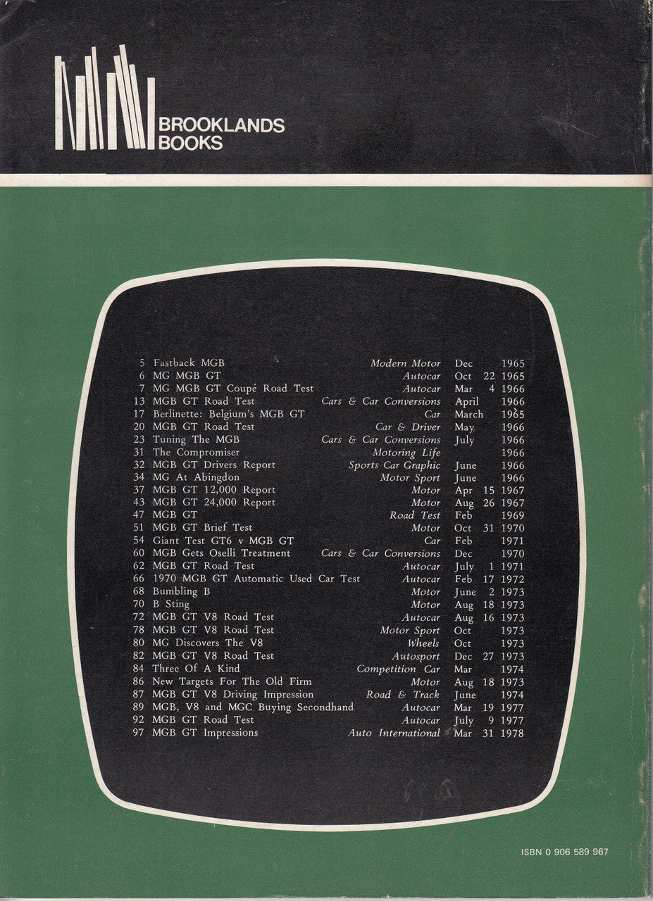 MG MGB GT 1965–1980 road tests book cover, green with contents list in bordered box