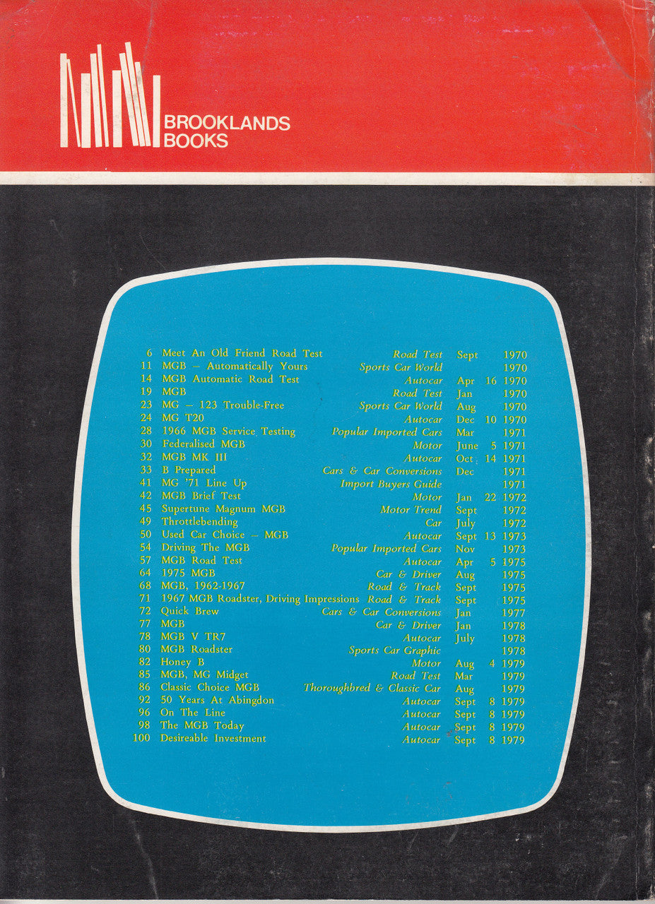 MG MGB road tests book back cover with blue oval contents list panel