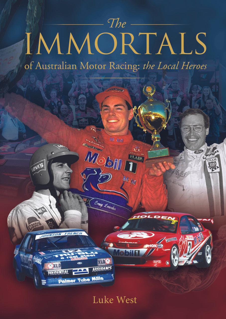 Motorsport heroes book cover with Luke West portrait and trophy, red and blue cars