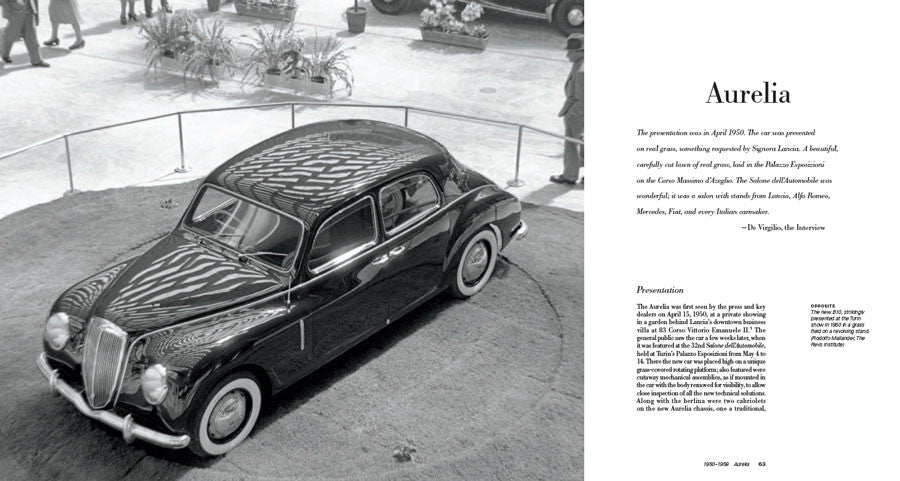 Open book spread with a black classic coupe on display and a text description page
