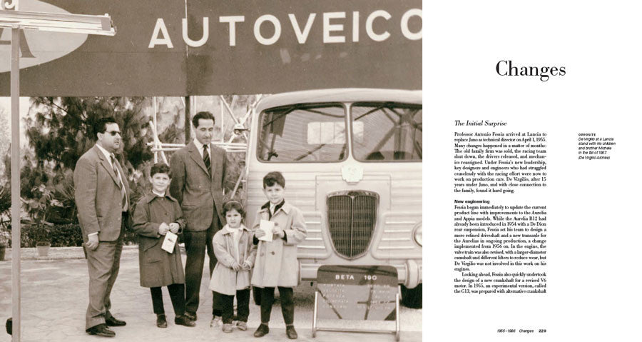Open book spread with a group standing beside a vintage car and a text page
