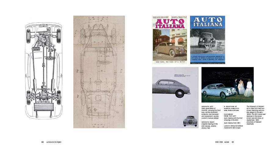 Open book spread with vehicle blueprint drawings and small car photo pages