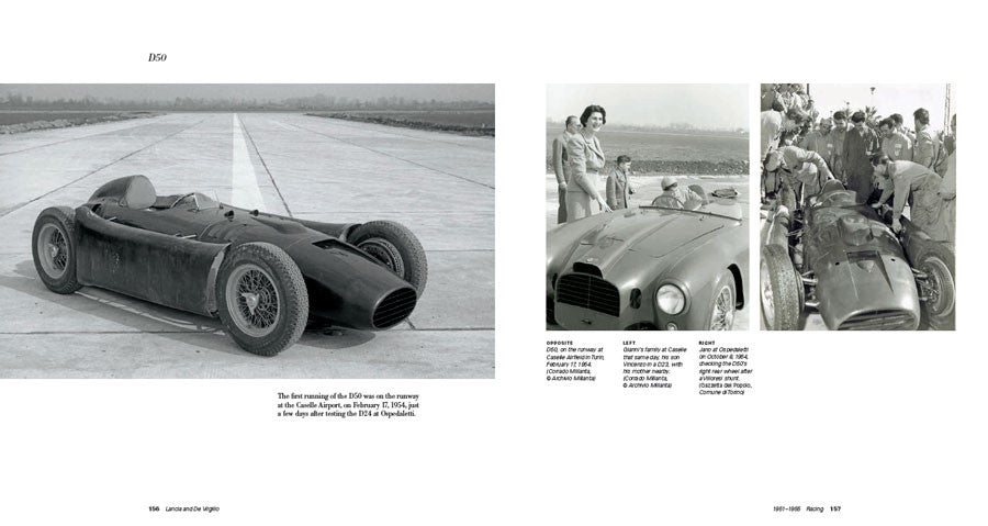Open book spread with black racing car photo and two groups of people with cars