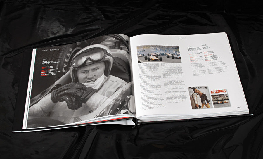 Open racing book with driver portrait photo and article text on two pages