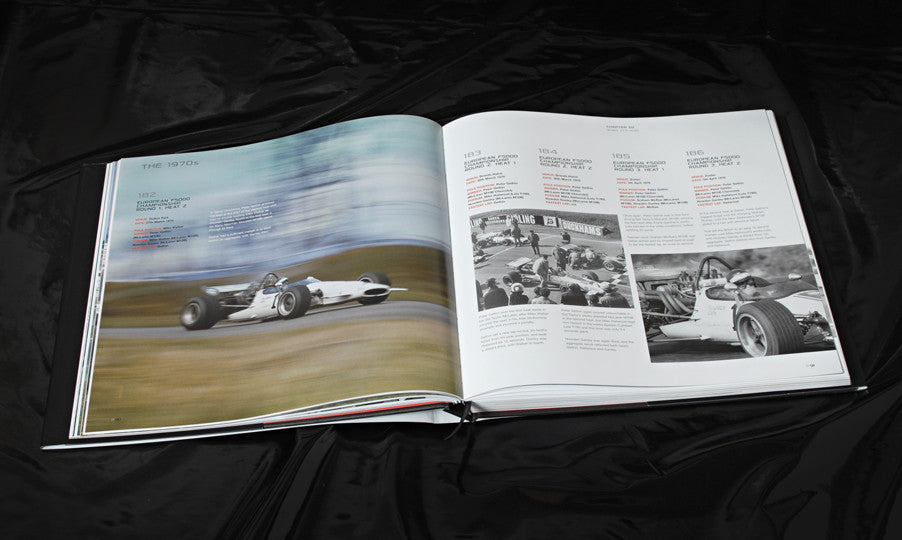 Open racing book with motion car photo on left and article pages with images