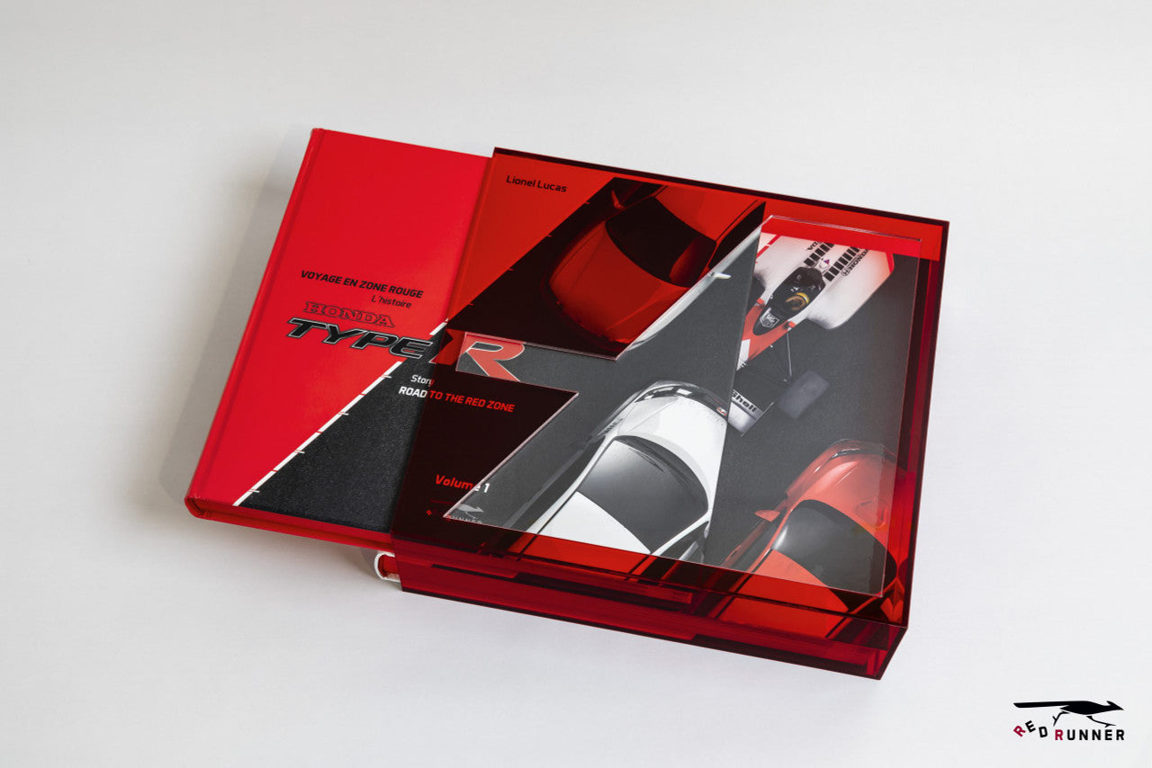 Red and black Honda collector's box with racing car photo graphic, top view