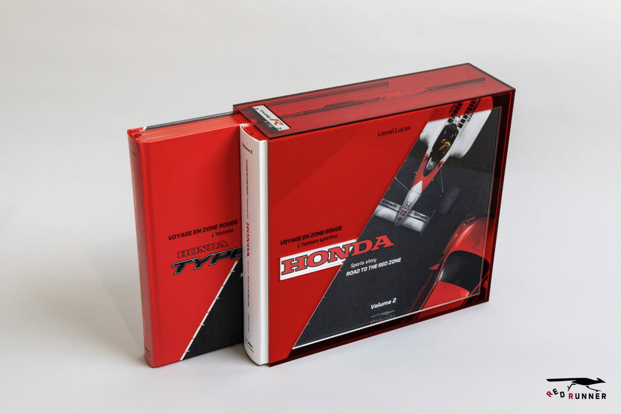Red Honda collector's box with racing car graphics, side view