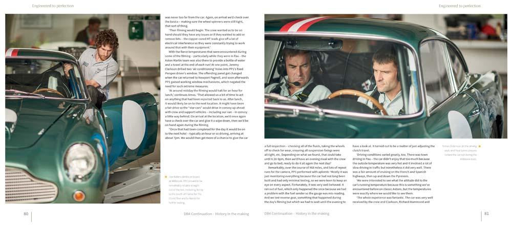 Book page spread showing a green sports car front and drivers seated in cockpit