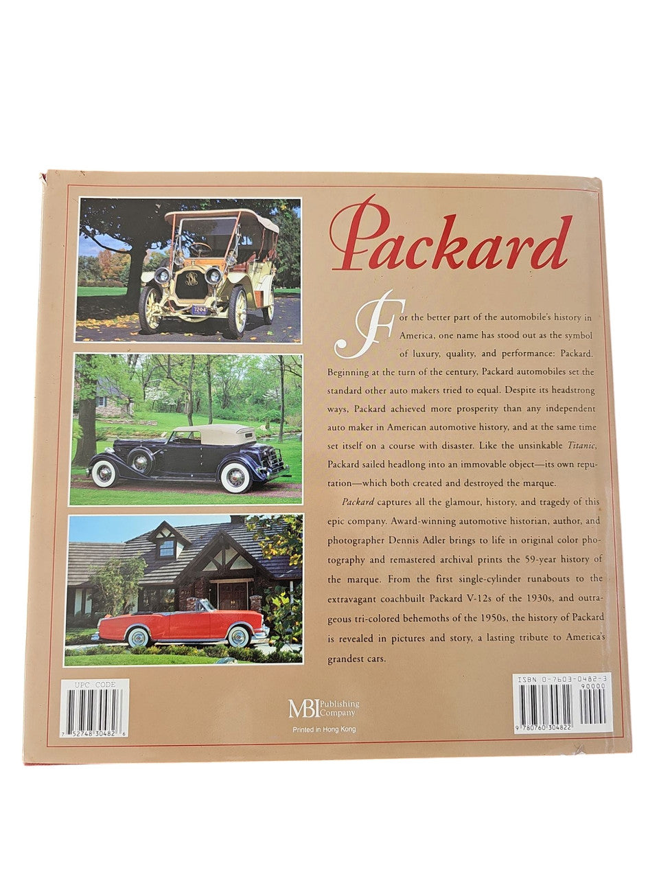 Packard hardcover book back cover with photos of cars and printed description text