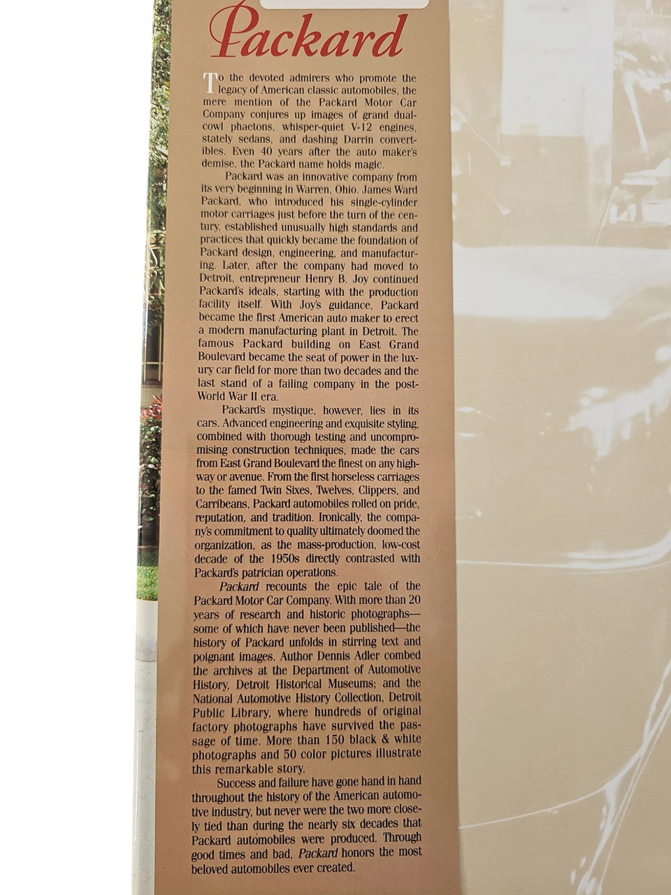 Packard hardcover book side/back page text block with car graphic at the right edge