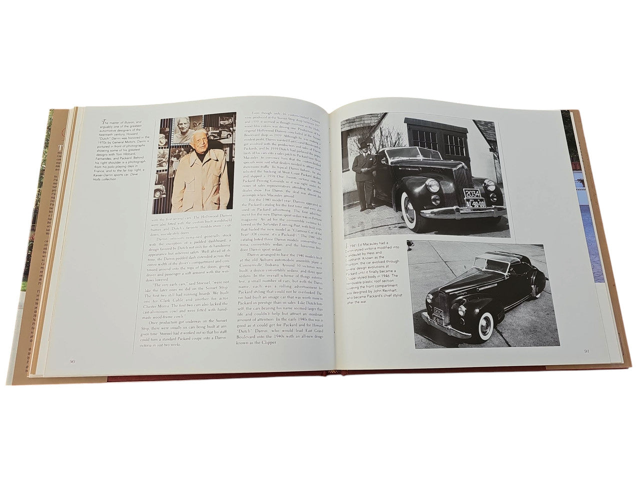 Packard hardcover book open pages with black-and-white car photos and small portraits