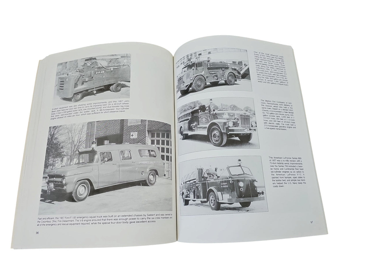 Fire engines guidebook page spread with black-and-white fire truck and van photos