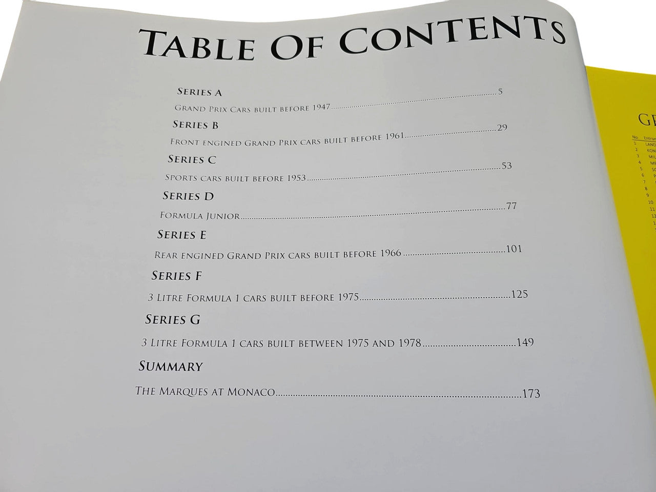 Commemorative race photo album page of Table of Contents with section listings