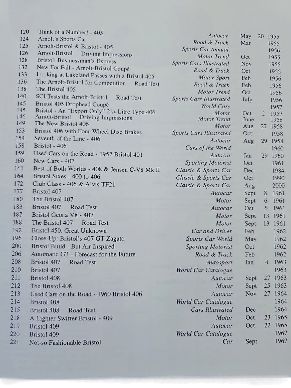Hardcover automotive portfolio book open to a reference list of car entries