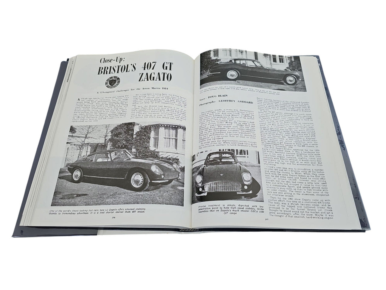Open hardcover car book with grayscale car photos and headings for Bristol models