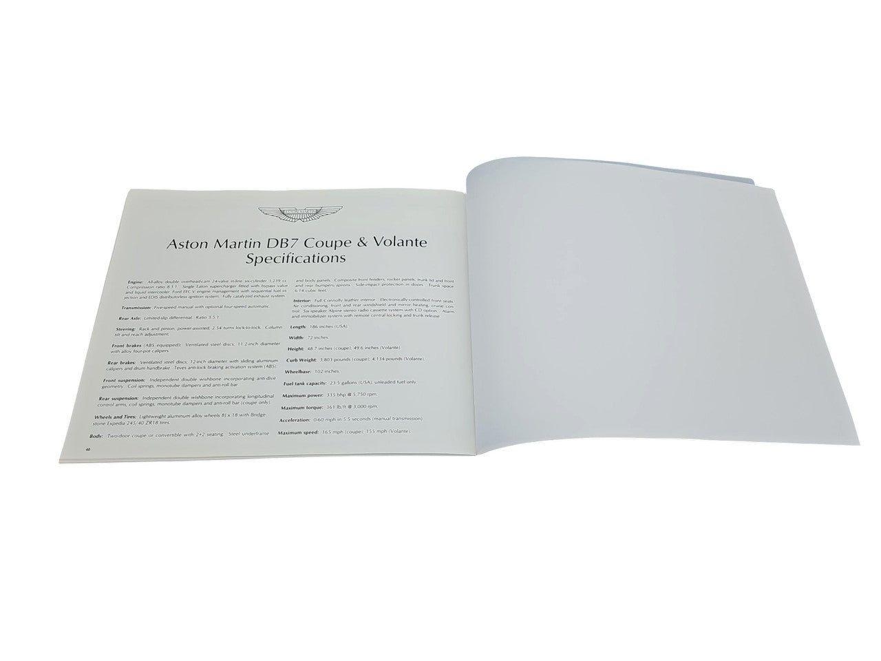 Open book with “Aston Martin DB7 Coupe & Volante Specifications” on the left page