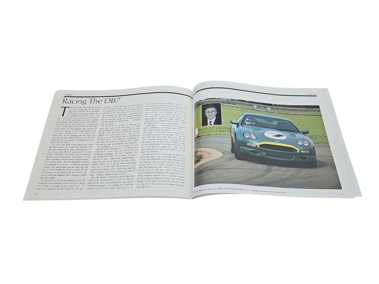 Open book spread with “Racing the DB7” heading and a car action photo