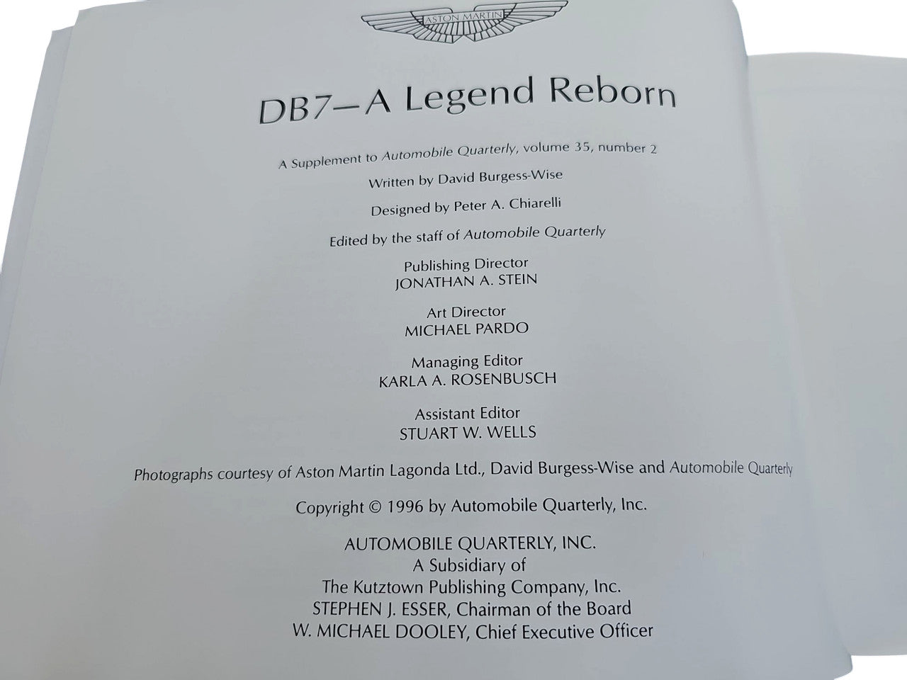 Book title page for “DB7—A Legend Reborn” with contributor credits and publication details