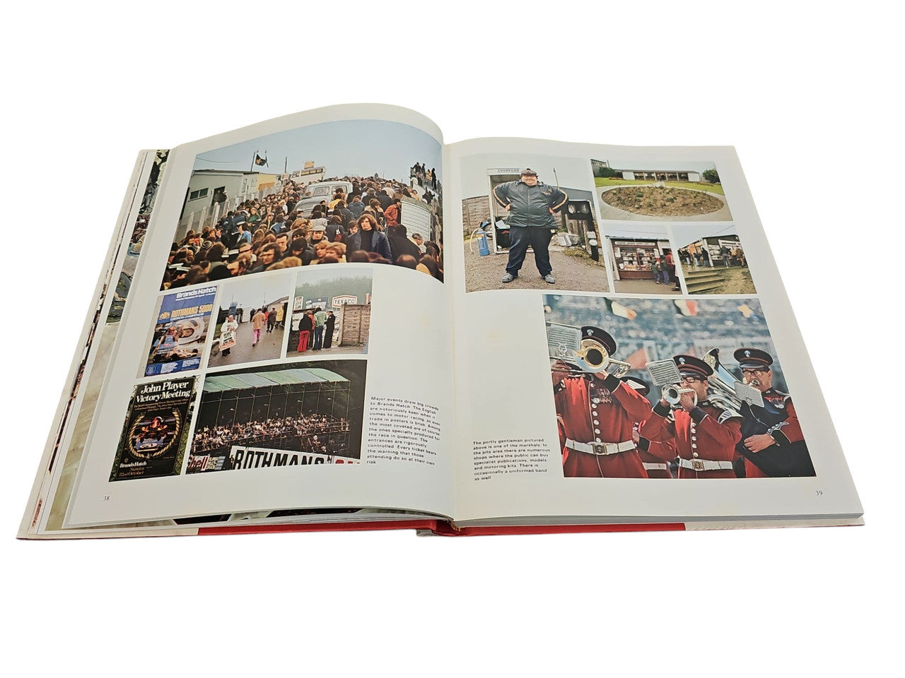 Open motorsport book spread with photo collages on both pages