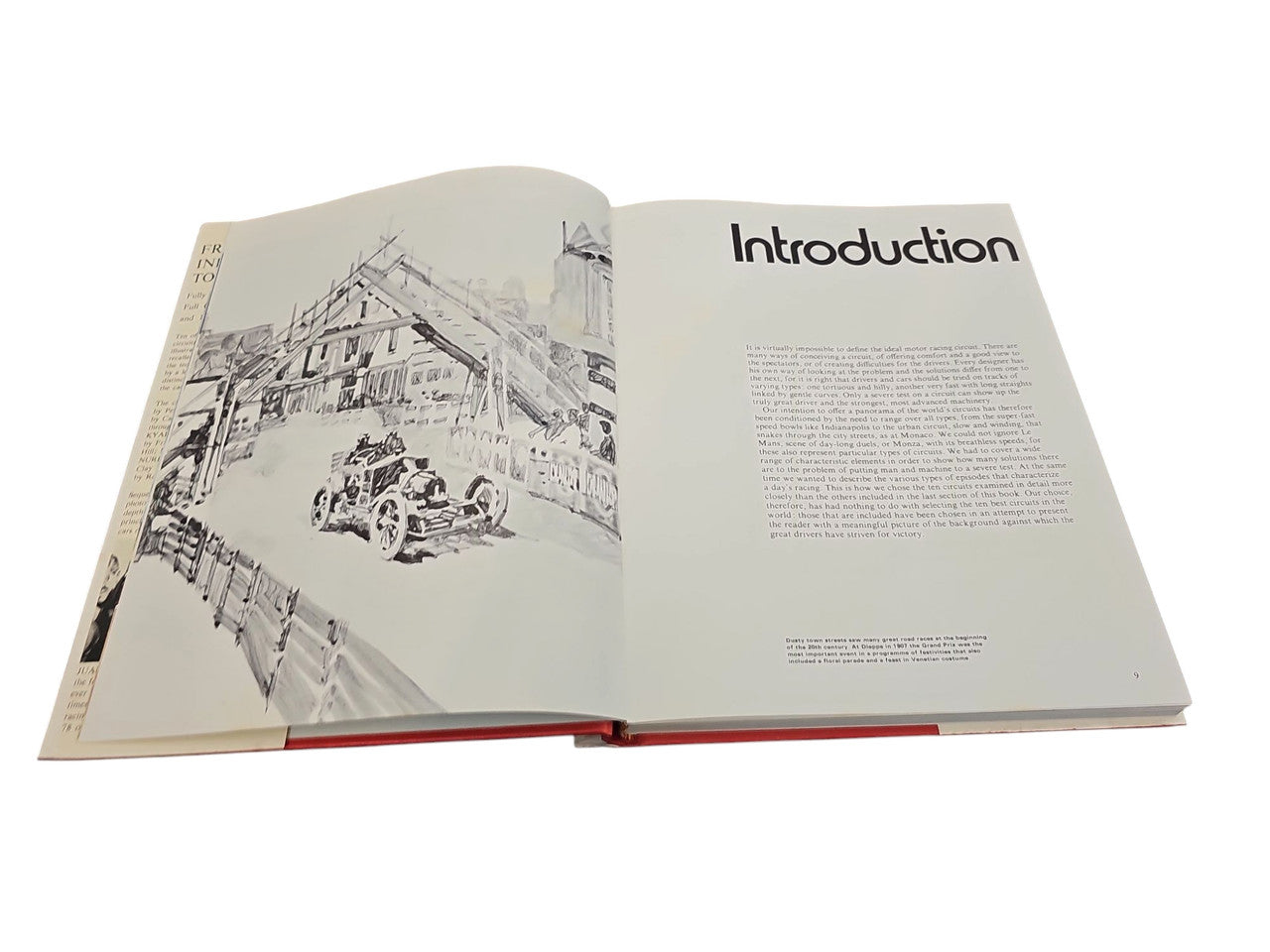 Open book spread with a large black-and-white race photo on the left