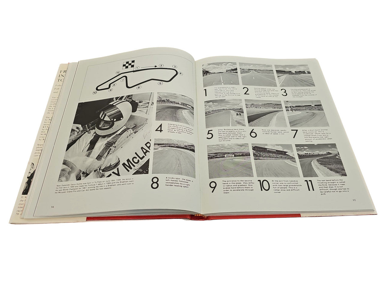 Open book spread with numbered black-and-white race track diagrams and photos