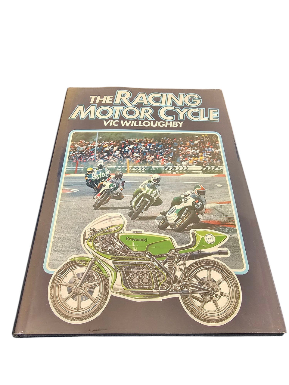 Racing motorcycle book cover with green bike, crowd scene, and Vic Willoughby title