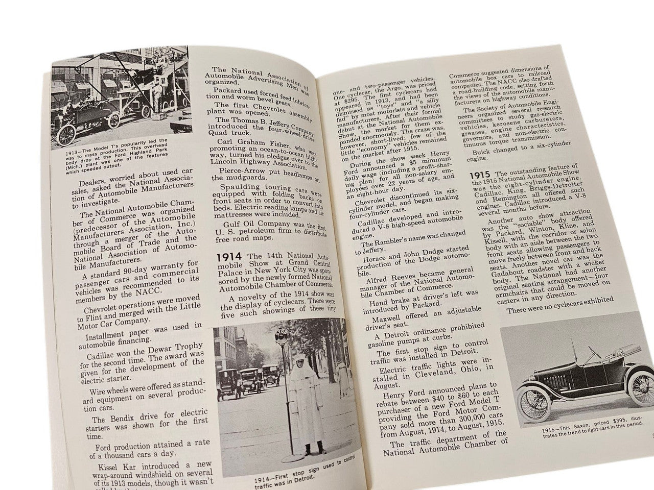 Vintage book open spread with multiple photos and year-based headings