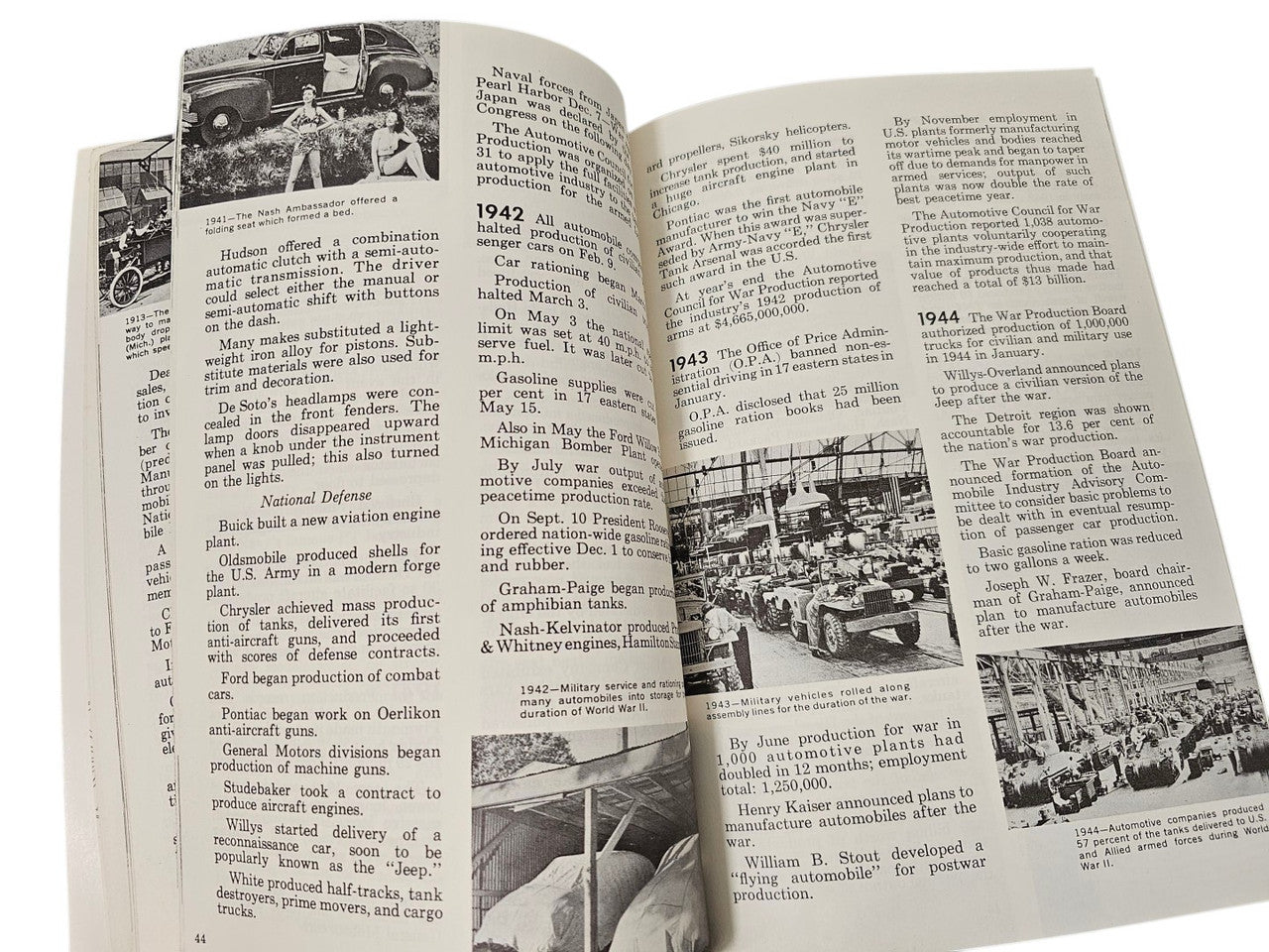 Vintage book open spread with photos, headings, and printed timeline details