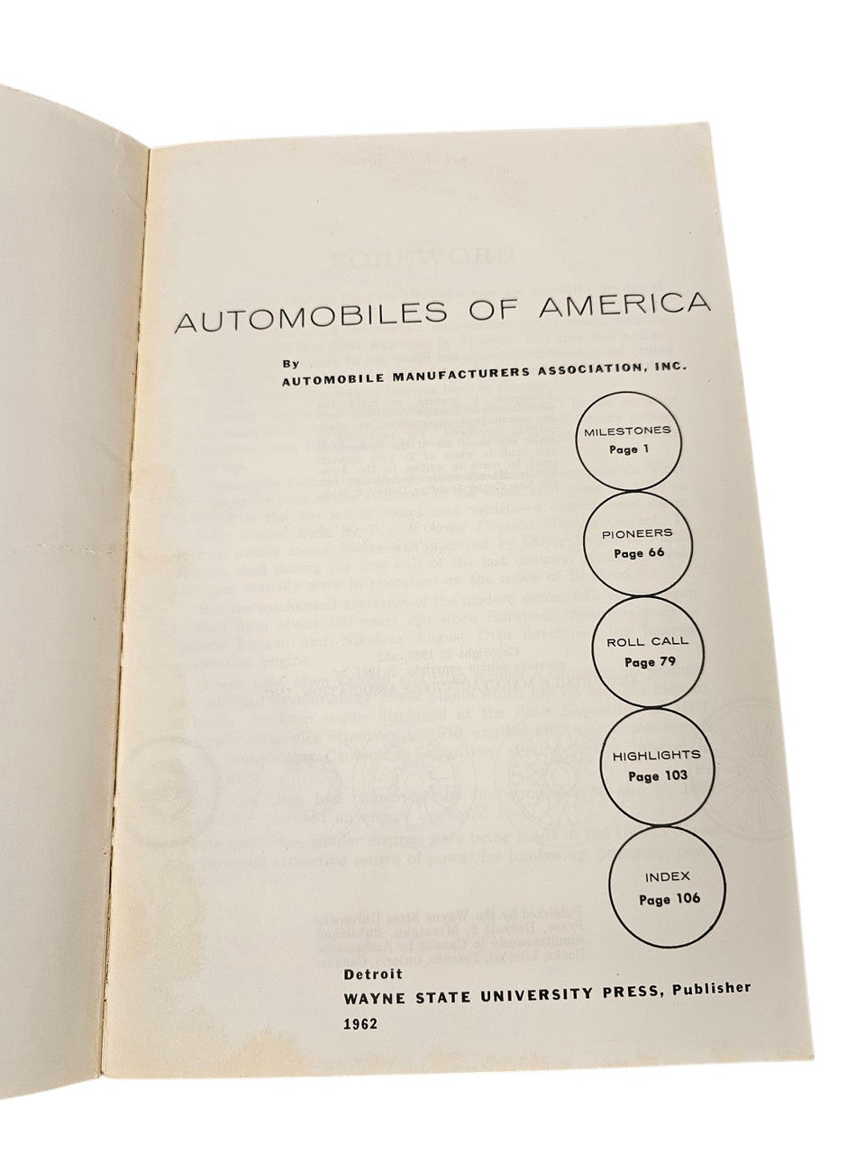 Vintage book title page with “AUTOMOBILES OF AMERICA” and publisher information