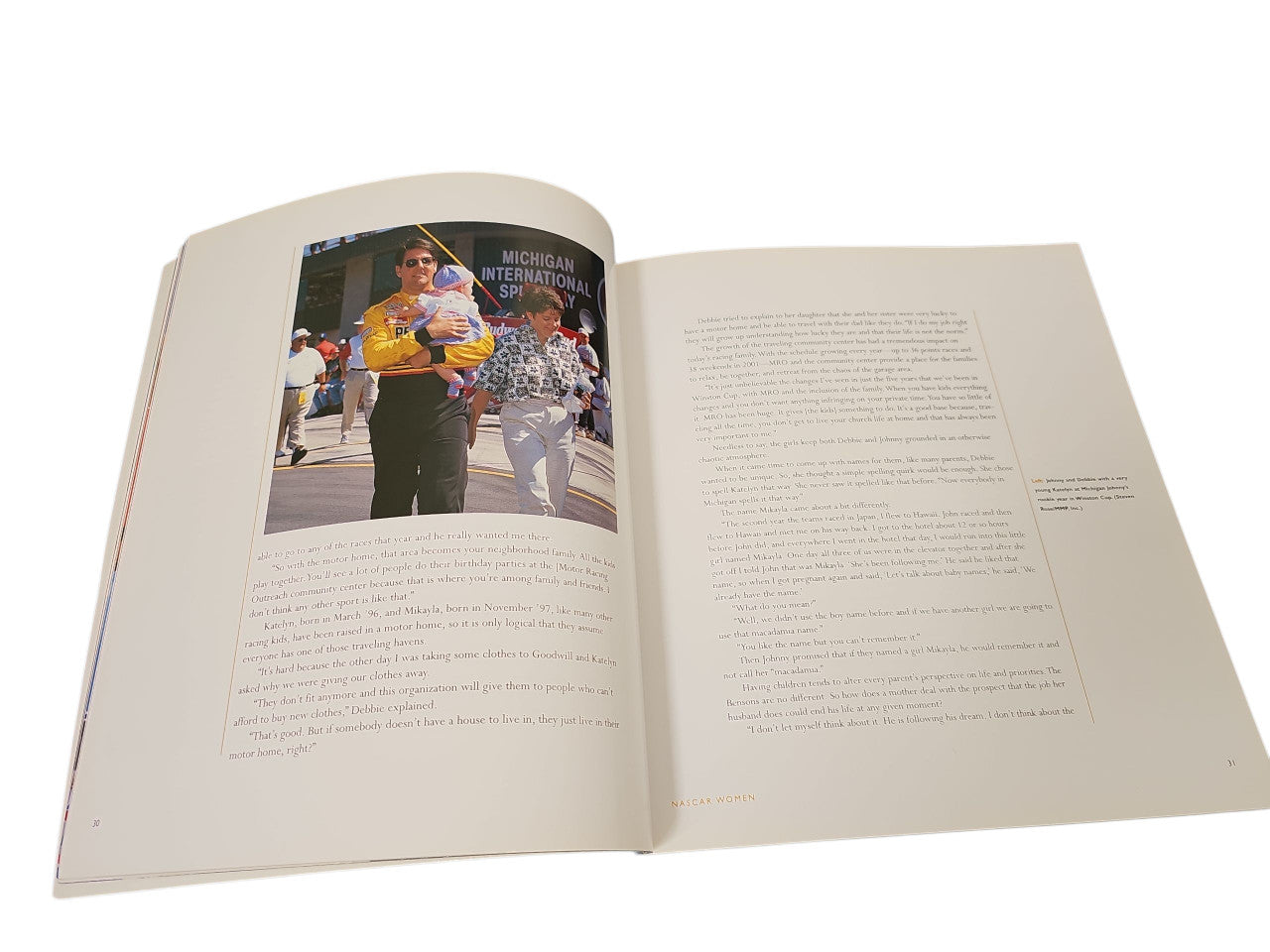 Open book with race photo on the left and Buffy Waltrip text on the right