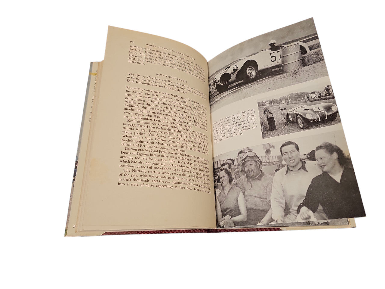 Open vintage book with black-and-white photos and captions on the right page.
