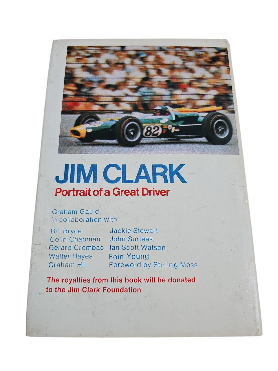 Motorsport book cover with race car photo, 'JIM CLARK' title, and contributor list