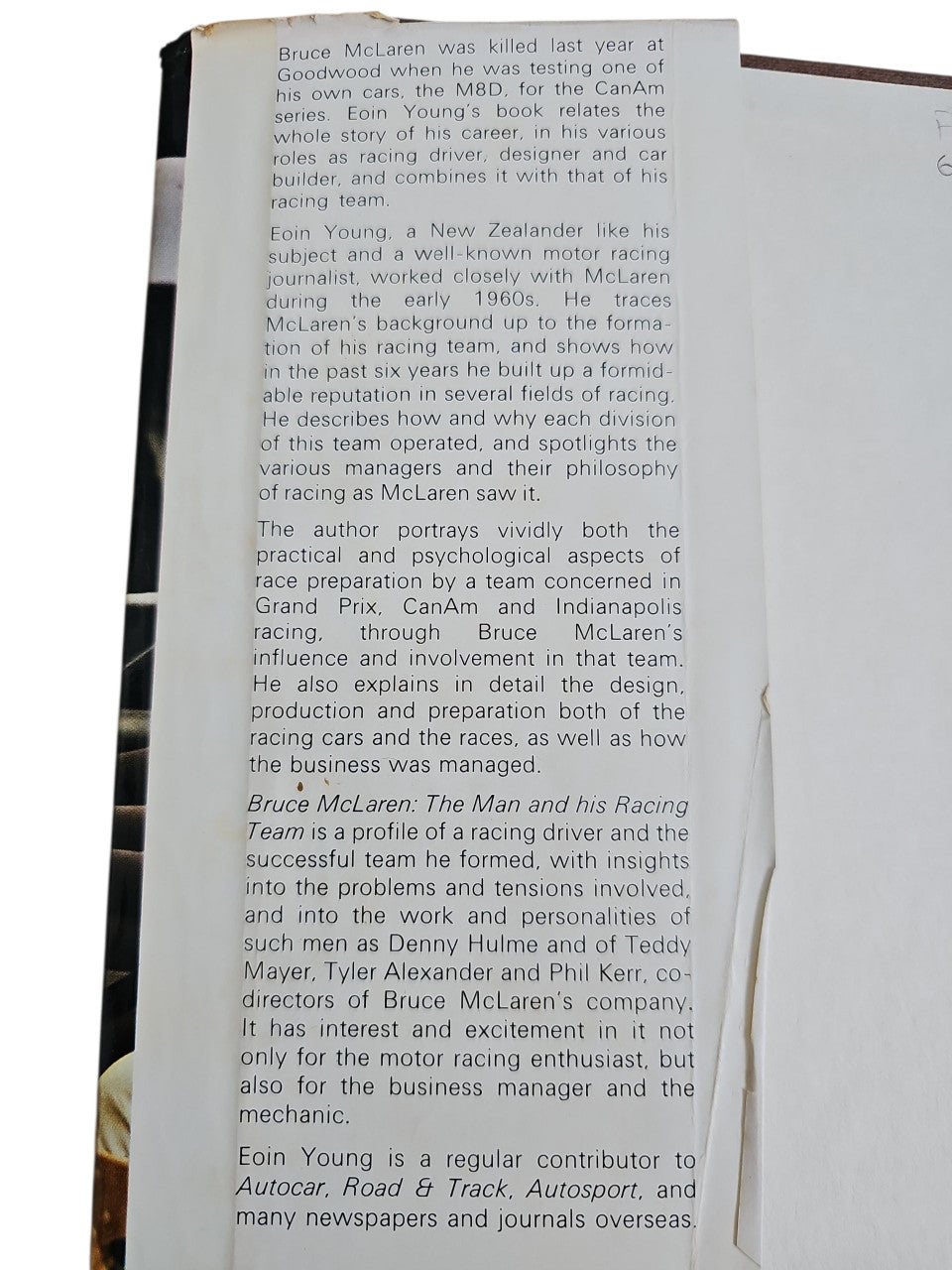 Book page spread with dense printed text from Bruce McLaren biography